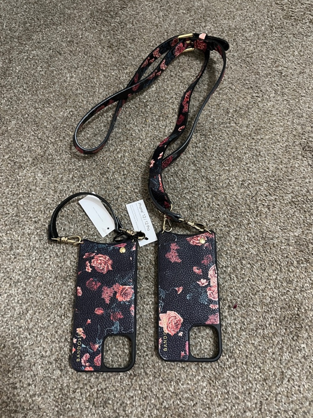 Bandolier Black Floral Leather Crossbody iPhone Case with Pink Roses